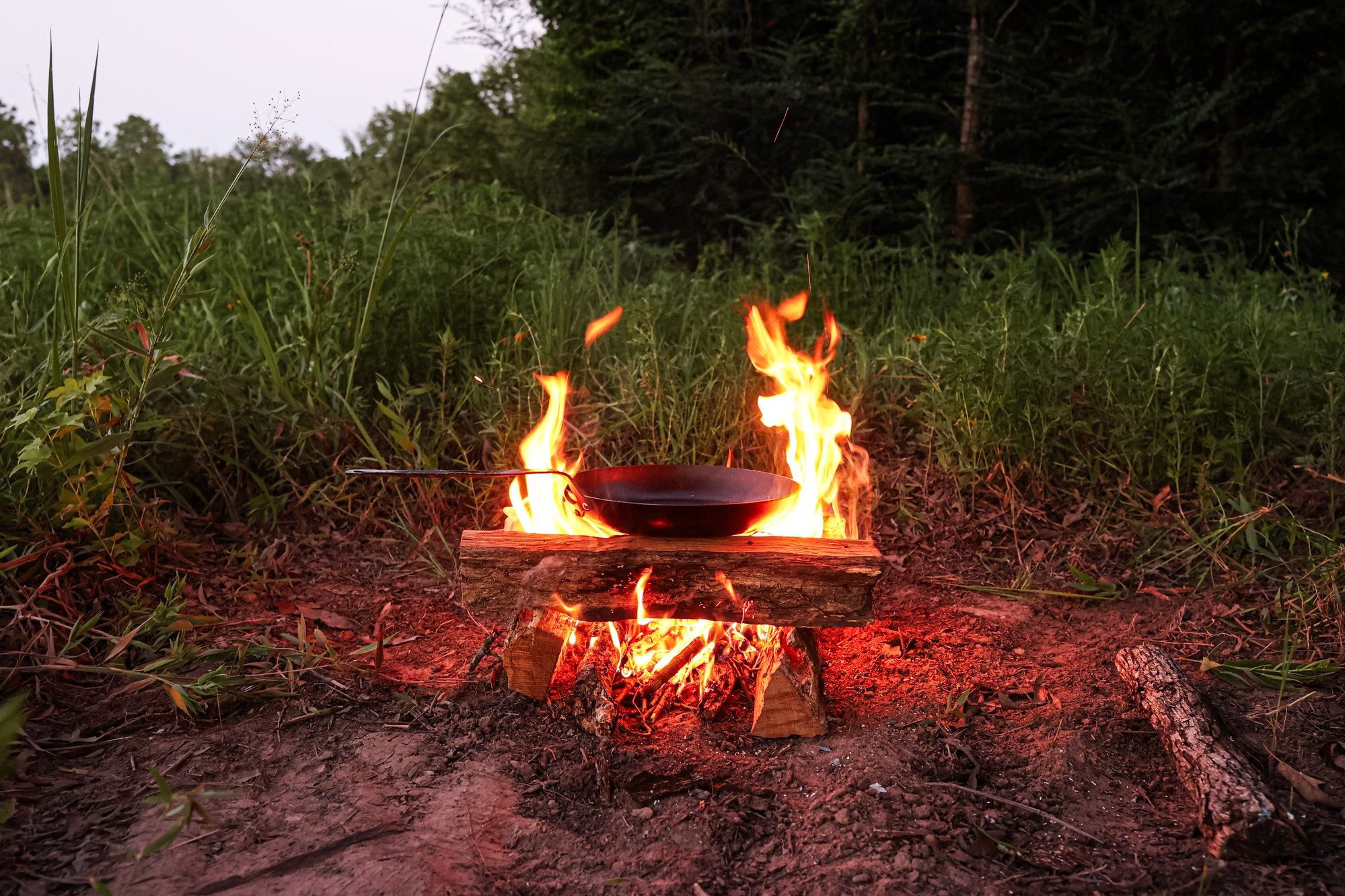 Carbon steel skillet cooking over a wood fire